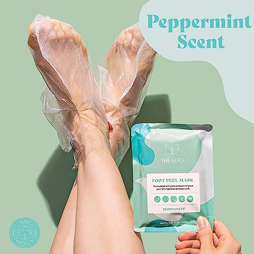 Thealto Foot Peel Mask Set - 2 Peppermint Scented Masks with Pumice Stone for Soft, Smooth Feet