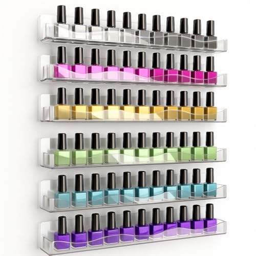 YMVV Clear Acrylic Nail Polish Rack Wall Mounted Shelf,6 Pack Organizer with Unique Wavy Lines,Nail Supplies for Techs,Great Display Salons Retailers