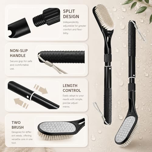 Extendable Long Handle Foot Scrubber for Shower - 2-in-1 Brush & File