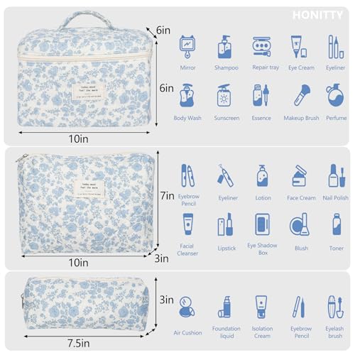 Quilted Floral Makeup Bag Set - 3 Piece Cotton Travel Cosmetic Organizer