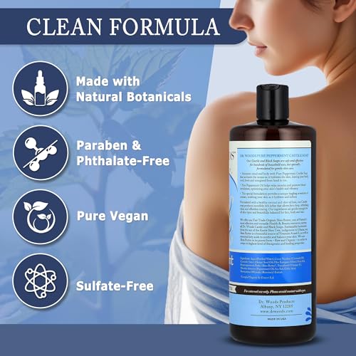 Dr. Woods Peppermint Liquid Castile Soap with Pump - Castile Soap with Pure Peppermint Oil, Body Wash for Men and Women, Organic Shea Butter, Natural Cleaner for Face, Hands, and Body - 32 Fl Oz