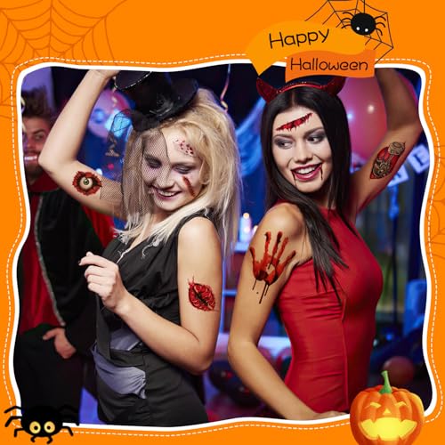 YouNuo 30 Sheets Halloween Temporary Tattoos, Horror Stitch Scar Scab Zombie Makeup Tattoos Stickers, Realistic Bloody Fake Wound for Chucky Costume Party, Women & Men, Waterproof