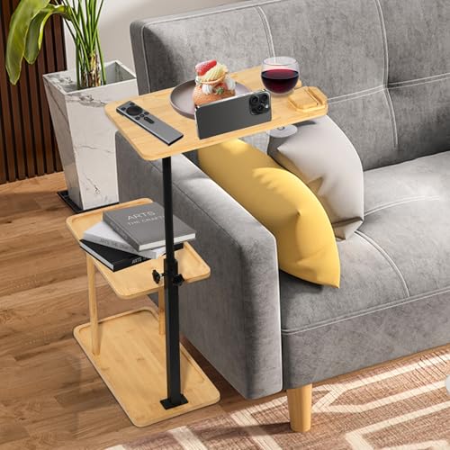 3-Tier Bamboo Bath Tray Table with Adjustable Height & Rotating Shelf