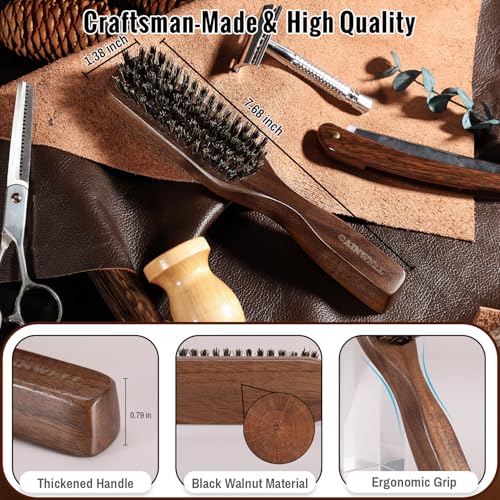 GAINWELL Mens Wild Boar Bristle Hair Brush for Men, Slick Back Hair Brush with Stiff Bristles for Thick Hair, Natural Black Walnut Wooden Handle Hairbrush, Beard Mustache Brush Comb