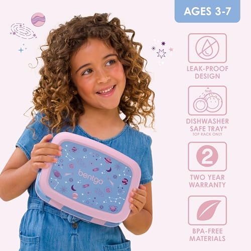 Bentgo Kids Prints Leak-Proof, 5-Compartment Bento-Style Kids Lunch Box - Ideal Portion Sizes for Ages 3-7, Durable, Drop-Proof, Dishwasher Safe, & Made with BPA-Free Materials (Lavender Galaxy)