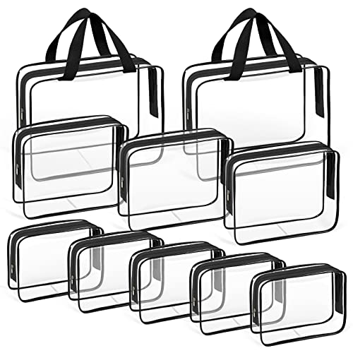 TISRATOK 10 PCS Clear Travel Makeup Toiletry Bag, Plastic PVC Cosmetic TSA Approved Organizer Kit with Zipper Handbag£¨Black£©