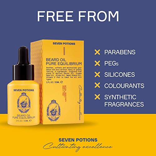 SEVEN POTIONS Natural Beard Oil for Men 1 FL OZ / 30ml ? Fragrance Free & Unscented Beard Softener & Conditioner ? Vegan Conditioning Oil That Helps Prevent Itch & Dandruff (Pure Equilibrium)