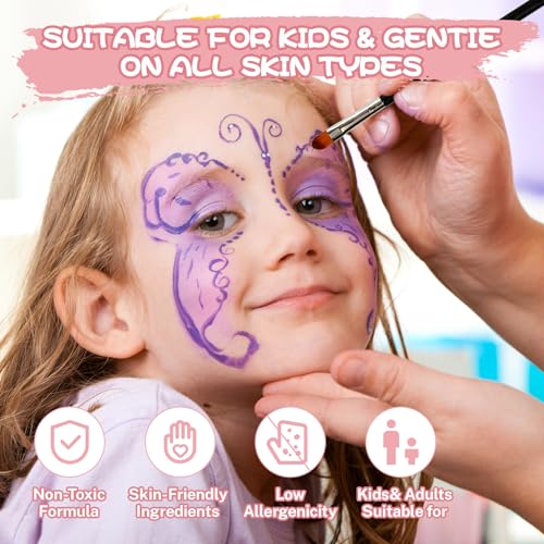 42 Color Kids Face Painting Kit, Non Toxic Water Activated Face Paint Palette with Stencils, Brush, Sparkle Gems. Perfect for Birthday Parties, Carnival, Costume Makeup