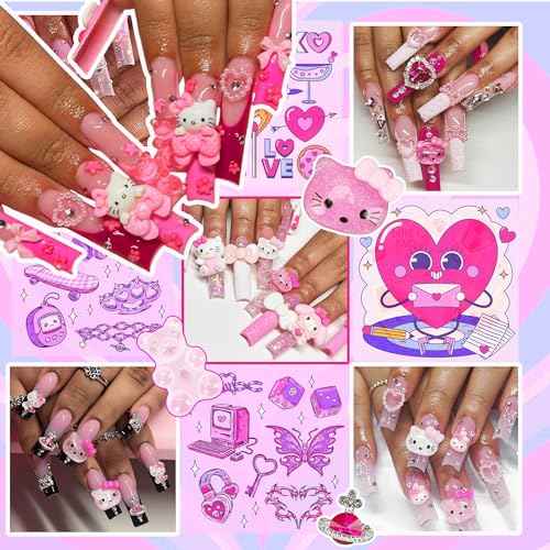 3D Pink Nail Charms Bulk Gummy Bear Butterfly Bow Assorted Nail Charms Set Planet Cherry Gems Cute Heart Star Pearls Nail Charms for Nail Art DIY Supplies Accessories