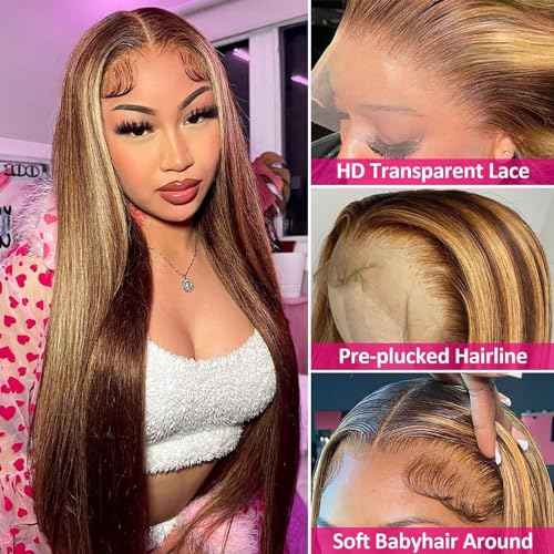 Human Hair Wig Highlight Honey Blonde 26inch 200% Density 13x4 Full Frontal HD Transparent Lace Pre Plucked Ombre Straight Lace Front Wig Human Hair Brown 4/27 Colored Lace Frontal 100 Natural Wigs