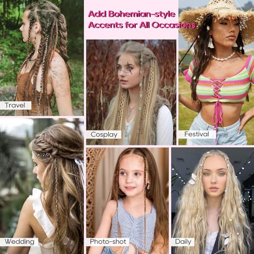 REECHO Clip in Braid Hair Extensions 16 Inch Medium Blonde with Light Blonde Beaded Boho Dreadlock Set, 2PCS