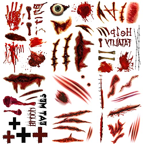 Halloween Temporary Tattoos - 6 Sheets Zombie Wound Fake Tattoo Stickers