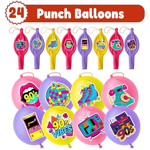 90s Party Favors Pack - 24 Punch Balloons & 48 Tattoos
