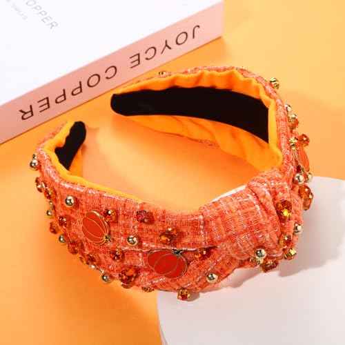 Thanksgiving Headband Fall Headband for Women Enamel Pumpkin Crystal Knotted Head Band Jeweled Tweed Top Knot Head Band Autumn Ooutfit Accessories (Pumpkin)
