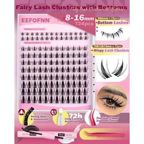 Manga Lash Clusters Kit Fairy Cluster Eyelash Extensions with Bottom Lashes Wispy Eyelash Clusters Kit Spiky Cluster Lashes 8-16mm DIY Lash Extension Kit with Lash Bond and Seal Tweeters by Eefofnn