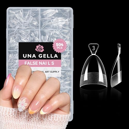 UNA GELLA Extra Short Almond Gel Nail Tips - 504 Pcs Pre-Etched Half Cover