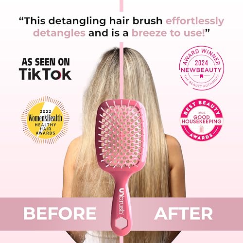 FHI Heat UNbrush Detangling Brush for Pain-Free Brushing on All Wet or Dry Hair Types — Durable DuoFlex Anti-Static Bristles, Lightweight Handle, Vented Hair Brush, Rose Dark Pink