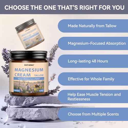 Magnesium Cream for Sleep, Tallow Based Magnesium Lotion for Pain and Leg Cramps, Muscle Relaxation, Nighttime Deep Hydration with Shea Butter Jojoba & Vitamin E for Skin Care, Safe for Kids(Lavender)