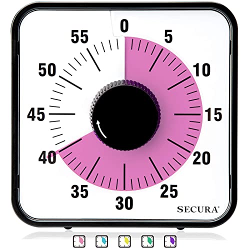 Secura 60-Minute Visual Countdown Timer, 7.5-Inch Oversize Classroom Visual Timer for Kids and Adults, Durable Mechanical Kitchen Timer Clock with Magnetic Backing (Peony Color)