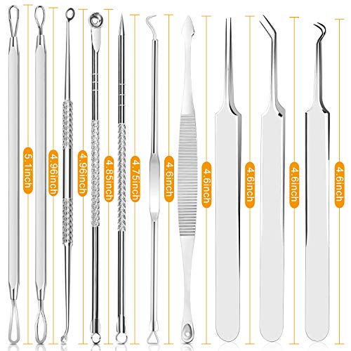 Blackhead Remover Tool Kit - 10 Pc Pimple Popper Set with Metal Case