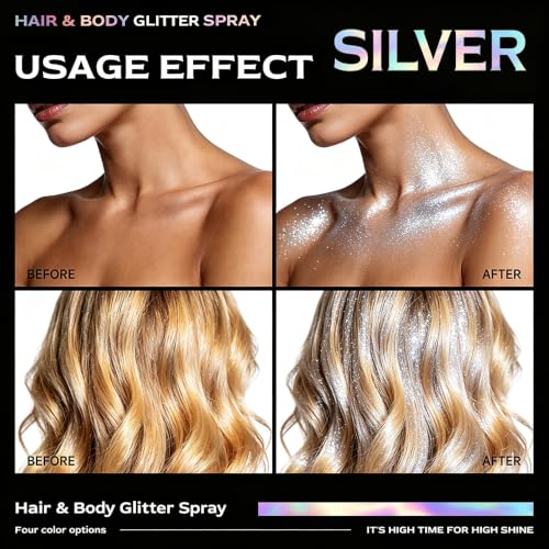 Silver Glitter Spray for Hair & Body – Non-Sticky, 0.33oz