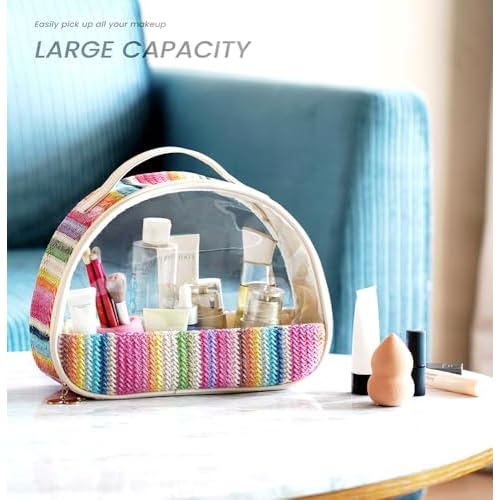 Large Clear Cosmetic Bag with Handle for Women, Zipper Close Makeup Bag, Straw Travel Bag - Rainbow Color Toiletry Bag