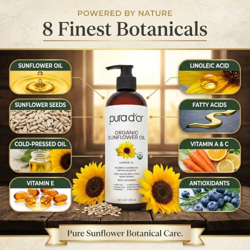 PURA D'OR Organic Sunflower Seed Oil 16 oz - Cold Pressed