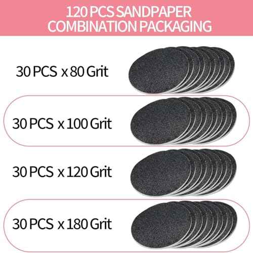 120 Pcs Replaceable Sandpaper Refill Discs for Electric Foot File Callus Remover(80 Grit/ 100 Grit/ 120 Grit/ 180 Grit) -Lightblack