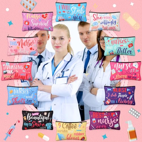 Capoda 24 Pieces Nurses Makeup Bags Bulk Cosmetic Bag Canvas Inspirational Nurses Handbags Nursing Zipper Pouch Bags Survival Kit for Women Birthday Graduation Nurse Day Appreciation Gifts