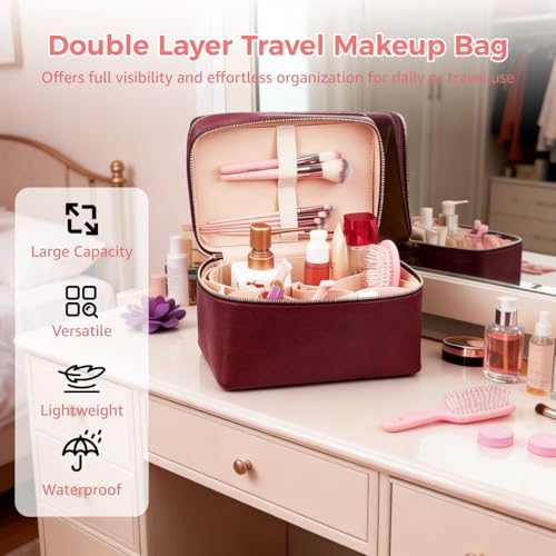 Makeup Vanity Bag for Women - Large Capacity Cosmetic Organizer with Removable Liner, Waterproof PU Leather Skincare Bag, Portable Chic Cosmetic Make Up Case for Skincare, Accessories,StyleC, Burgundy