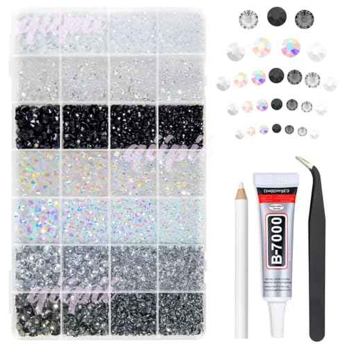 28 Types Black White Transparent Jelly Resin Rhinestones w B7000 Jewelry Glue for Bedazzling Crafting 3-6mm Flatback Stones Gems Diamonds Crystals for Face Eyes Makeup Crafts Tumblers Bottles