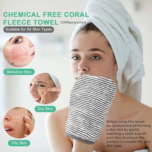 PHOGARY 8 Pack Microfiber Wash Mitts for Face Body, Soft Face Shower Bath Mitt Coral Fleece Washcloths, Reusable Makeup Remover Washcloths, European Style Towel, Grey Striped,7.8X 5.1in