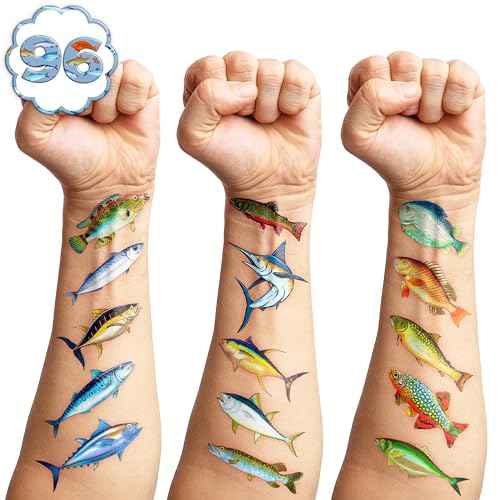 96 PCS Fishing Pre-Cut Temporary Tattoos Birthday Party Decorations Favors Supplies Decor Gone Fishing Fisherman Stickers For Girls Boys Gift School Prizes Rewards (Normal)