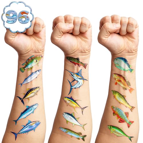 96 Pre-Cut Fishing Temporary Tattoos for Kids Party Favors
