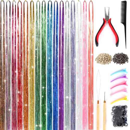 Hair Tinsel Kit (16 Colors, 4800 Strands, 48 Inches) Metallic Colored Sparking Tinsel Hair Extensions Kit with Tools Heat Resistant Highlights Glitter for Girls Women