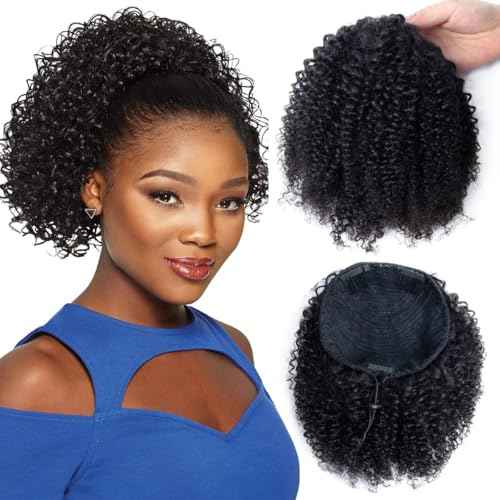 VADES Curly Clip in Hair Extensions Ponytail Afro Puff Drawstring Ponytail for Black Women 100% Real Hair Ponytail Extension #1B Natural Black Color 12 inch With 3 Stable Combs