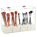 Acrylic Makeup Organizer, Clear Cosmetic Brush Storage Box With 4 Brush Holders (Pearl not included),Makeup Brush Holder with Dust Cover, Large-capacity Split Design Organize the Desktop
