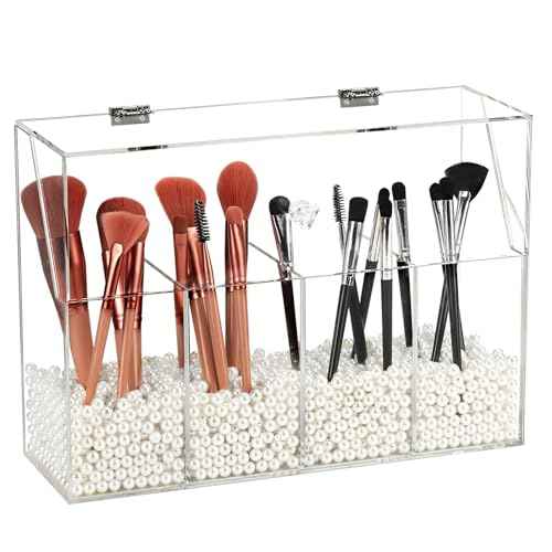 Acrylic Makeup Organizer, Clear Cosmetic Brush Storage Box With 4 Brush Holders (Pearl not included),Makeup Brush Holder with Dust Cover, Large-capacity Split Design Organize the Desktop