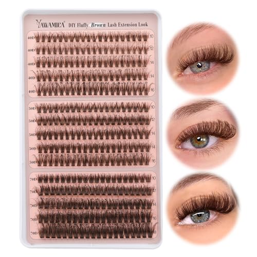 Yawamica Brown Lash Clusters Fluffier Eyelash Extension 10-16mm Individual Lashes D Curly Eyelash Clusters 40D+50D+70D Volume 300pcs Cluster Lashes Pesta?as Pelo a Pelo DIY Lash Extension at Home