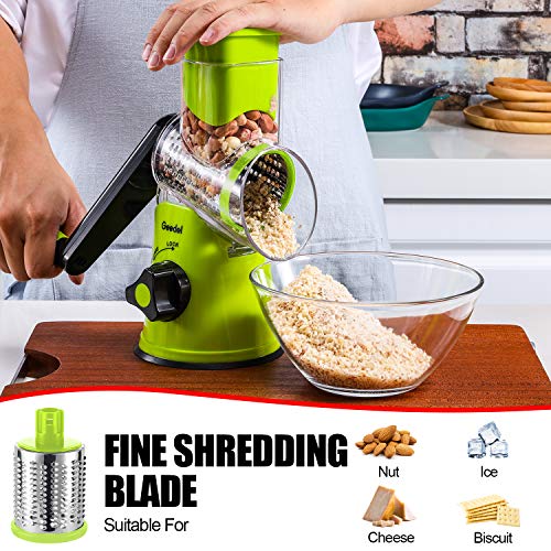 Geedel Rotary Cheese Grater, Kitchen Mandoline Vegetable Slicer with 3 Interchangeable Blades, Easy to Clean Rotary Grater Slicer for Fruit, Vegetables, Nuts