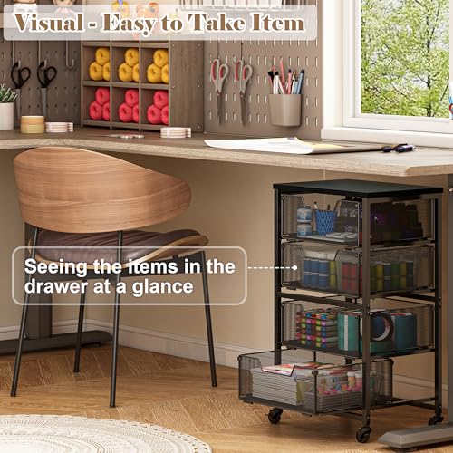 4-Drawer Rolling Cart with Wooden Top & Lockable Wheels