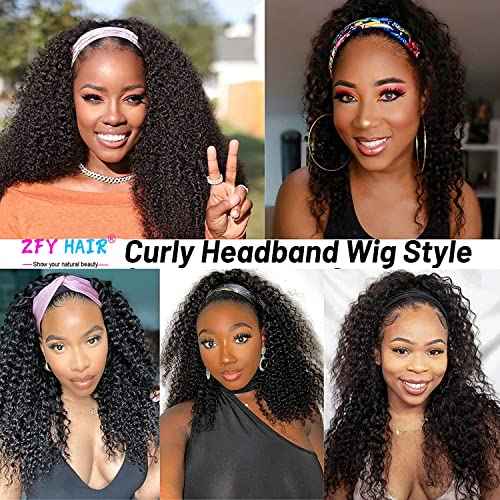 22 Inch Deep wave Headband Wig Human Hair 180% Density Curly Glueless Wigs Human Hair Wet and Wavy Headband Wigs for Women Natural Black Color