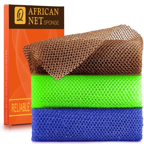 UJFQBH 3-Piece African Bath Sponge Set - Long Net Exfoliating Body Scrubber in Brown, Blue, Green