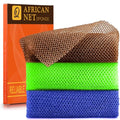 UJFQBH 3-Piece African Bath Sponge Set - Long Net Exfoliating Body Scrubber in Brown, Blue, Green