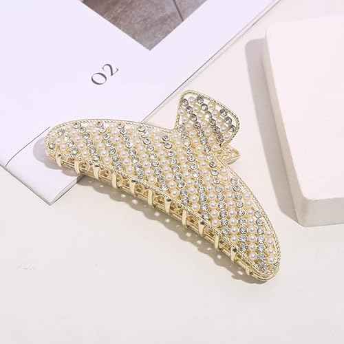 2 Pack Large Rhinestone Hair Clips, Crystal Pearl Hair Claw Clips, Black Gold Jumbo Jaw Clip, Nonslip Hair Claw for Thick Long Hair, Fashion Hair Clamp Accessories for Women Girls