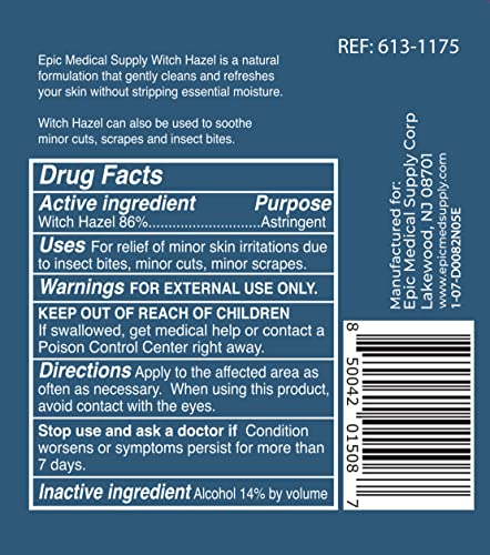 Epic Medical Supply Witch Hazel Toner for Face and Skin, 16 oz., Natural Astringent Cleanser, Cleans and Refreshes, No Dyes or Artificial Fragrances, Soothe Minor Wounds (1)