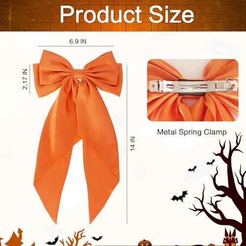 Halloween Fall Orange Hair Bows for Women, 2PCS Silky Satin Hair Bows with Long Tail Oversized French Hair Bow Barrettes Hair Accessories for Halloween Thanksgiving Autumn Holiday