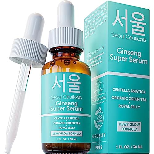 SeoulCeuticals Korean Skin Care Ginseng Serum - K Beauty Skincare with Green Tea + Centella + Royal Jelly - Cruelty Free & Organic for Dewy Glow 1oz