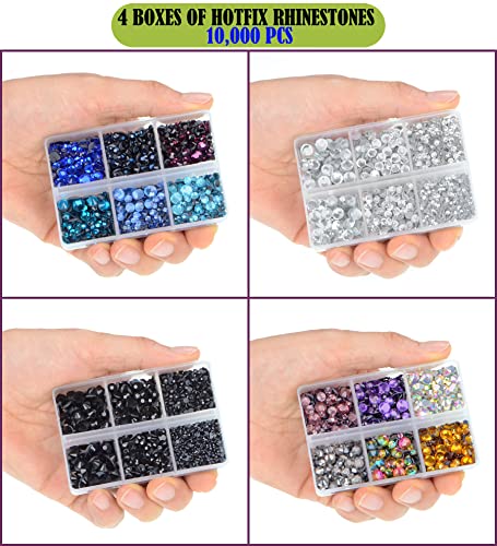 LPBeads 10000pcs Hotfix Rhinestones Flatback Glass Crystal Clear Black and 12 Mixed Color Rhinestone with Tweezers and Picking Pen for Crafts Clothes Nail Art