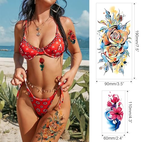 Watercolor Temporary Tattoos for Women, 30 Sheets Floral & Animal Designs